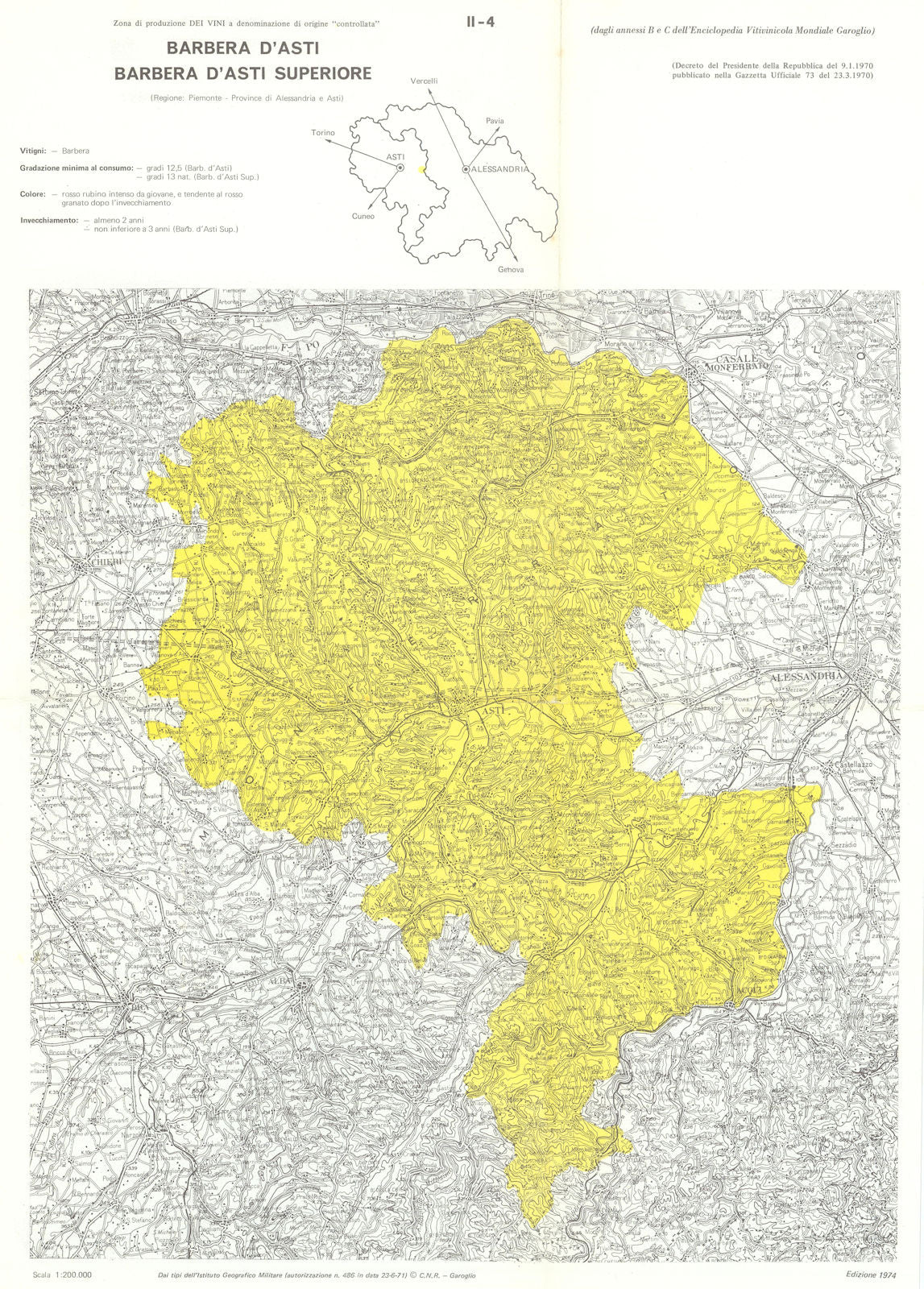Italy wine. Barbera d'Asti & Superiore DOC. Piemonte 1976 old vintage map